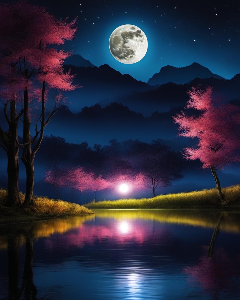 [vibrant liquid plasma] amazing Nocturnes Of Light And Shadows over a secluded lake ideal nostalgic atmospheric full moon, moonlight,