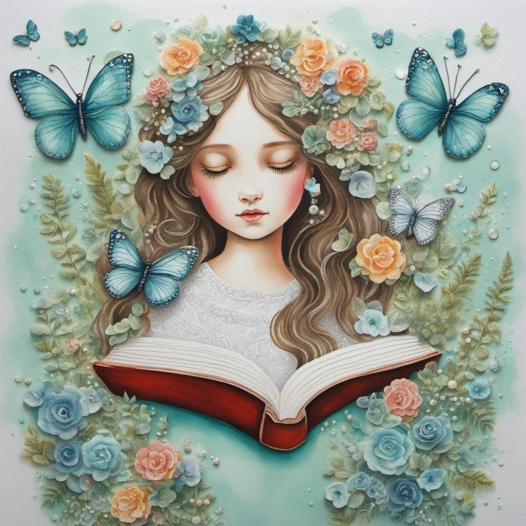 [Style of vintage illustration] heart shape a girl reading a book heart in in a vibrant colour surrounded by 3D flowers and butterflies in a embossed look ceramic textured frame with white pastel pale blue white water washed background blurred background, bridal lace embroidered butterfly and flowers bling with small pearls bridal veil fabric flowing in swirls oil painting, alcohol inks, painterly texture, soft hues, foliage ferns in mint tiny row of silver bead watercolour waterwash swirls paint drips