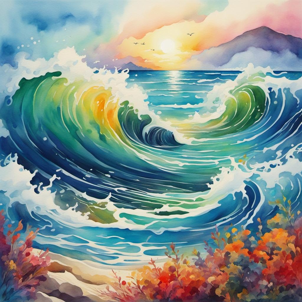 [Watercolor painting style, masterpiece] vivid colors anamorphic spiral ocean landscape