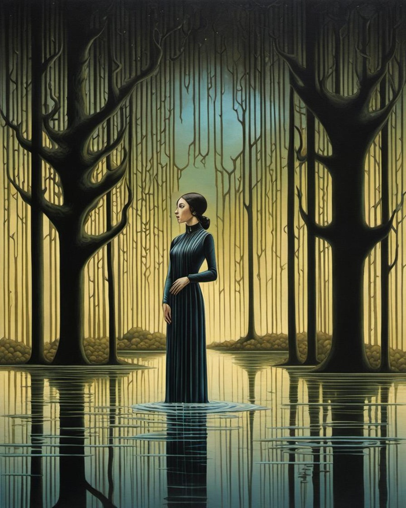 [Painting, Art Nouveau] A painting of a woman standing in a forest, futuristic cloning facility, dripping black iridescent liquid, Bagshaw art style, inspired by Lady Penrose and Kay Sage, painting of flood waters, by Vladimir Kush, mistress, tones of black in background, Michael Page, fractal automaton, by Didier Mouron, enchanted dreams