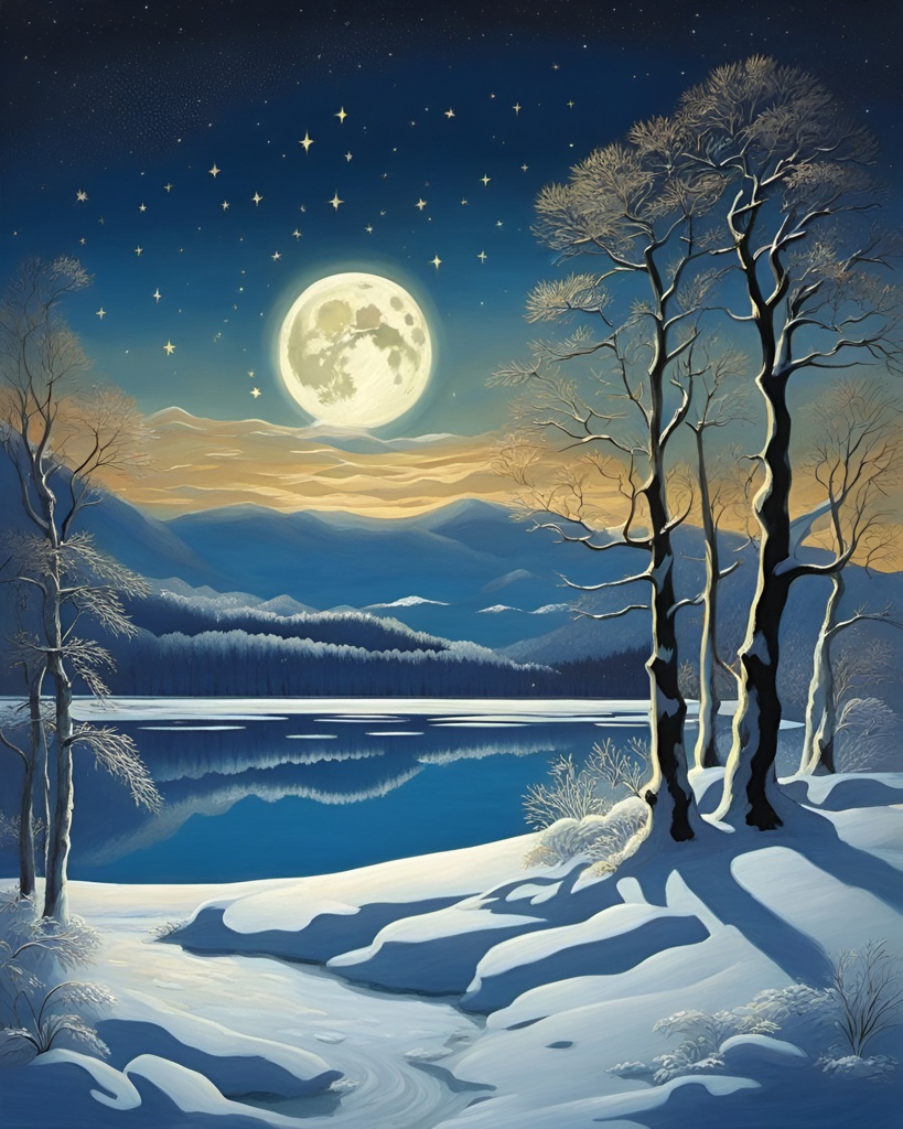 [Watercolor painting style, masterpiece] Winter night, full moon, stars, full moon, frozen lake,; [Style of vintage illustration] Winter night, full moon, stars, full moon, frozen lake,; [Painting, Art Nouveau] Winter night, full moon, stars, full moon, frozen lake,; [Painting, Art Nouveau] Winter night, full moon, stars, full moon, frozen lake,