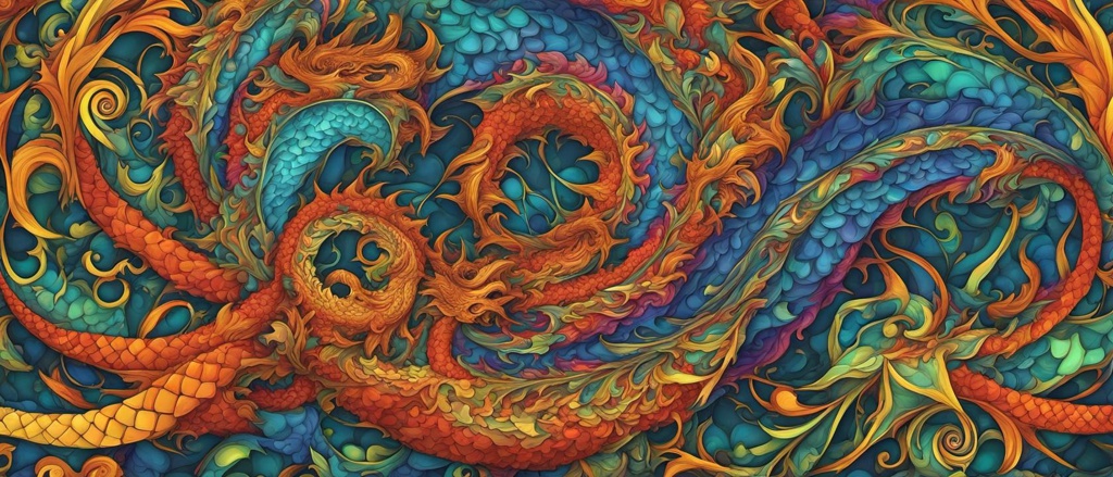 [Painting, Art Nouveau] dragon, kaleidoscope of colors abstract vector fractal, Zentangle, 3d shading