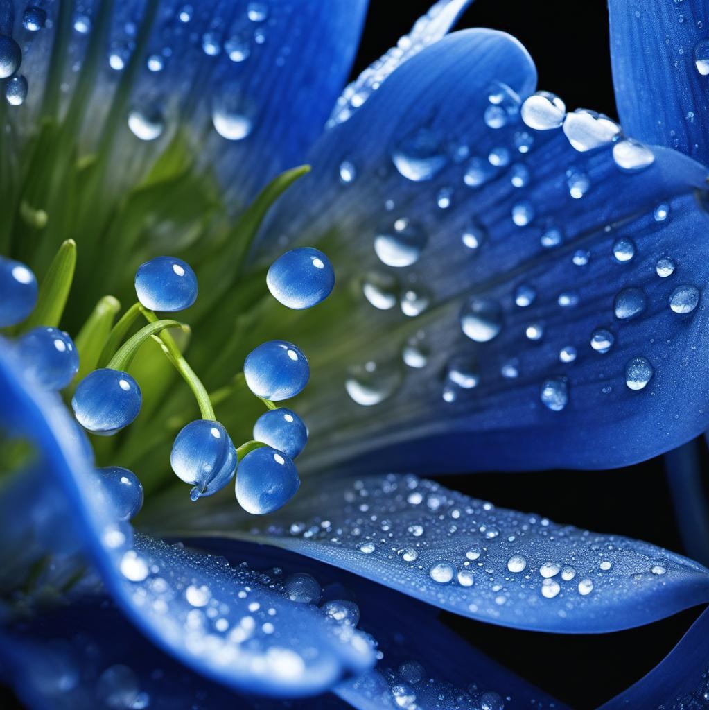 [vibrant liquid plasma] vibrant, detailed close up blue Lilly of the Valley, dew, sunrise in background intricate details, HDR, beautifully shot, hyperrealistic, sharp focus, 64 megapixels, perfect composition, high contrast, cinematic, atmospheric, moody