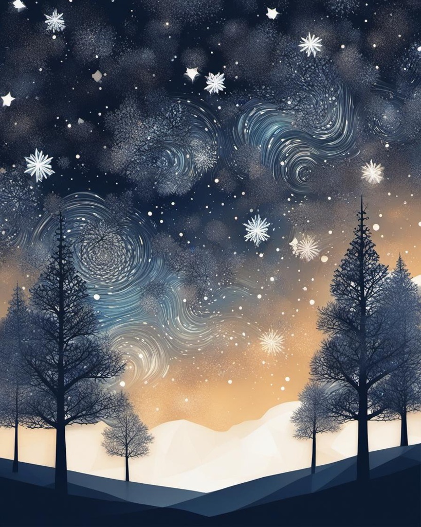 [Painting, minimalism] Christmas, Winter scene, forest, bright stars in the night sky, serene, abstract vector fractal, Zentangle, 3d shading