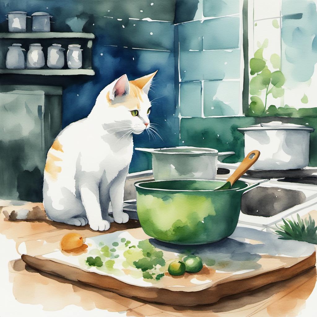 [Watercolor painting style, masterpiece] Cat illustration, minimalist design, cats being naughty in the kitchen, white, green, blue palette