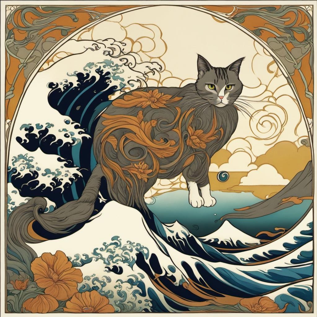 [Painting, Art Nouveau] Botanical-cat with flowing hair on wave, in the style of Studio Ghibli