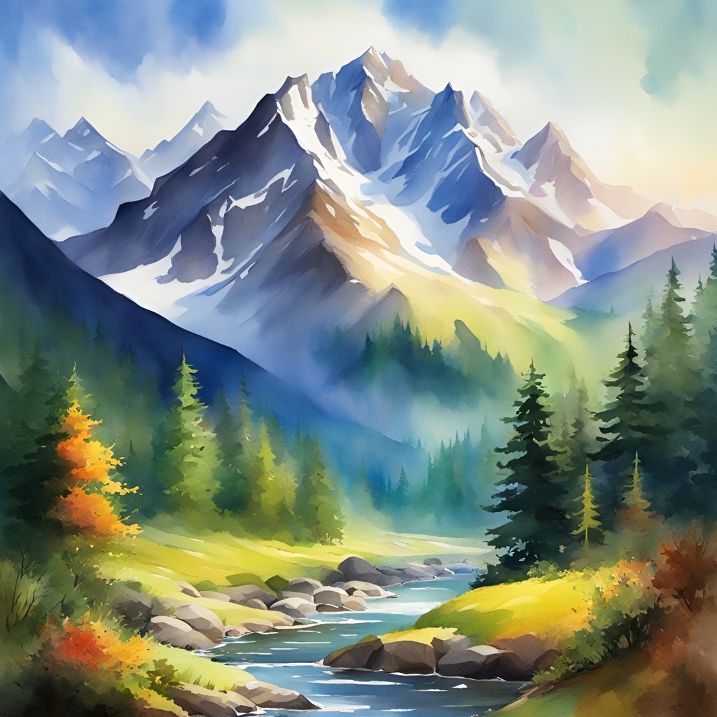 [Watercolor painting style, masterpiece] Create a breathtaking digital painting of a mountain landscape, featuring snow-capped peaks, a serene valley with a meandering river, and a lush forest in the foreground. The scene should exude a sense of tranquility and grandeur, with warm sunlight casting long shadows and highlighting the vibrant colors of nature