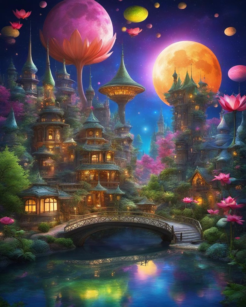 [vibrant liquid plasma] City on the moon, Whimsical Fairy Wonderland , with trees and pond with lotus flower