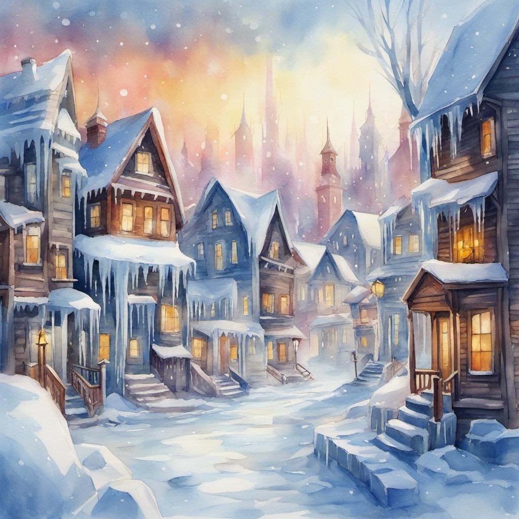 [Watercolor painting style, masterpiece] Icicle town, the buildings are made of ice and icicles, crayon, frozen, crystal cold color