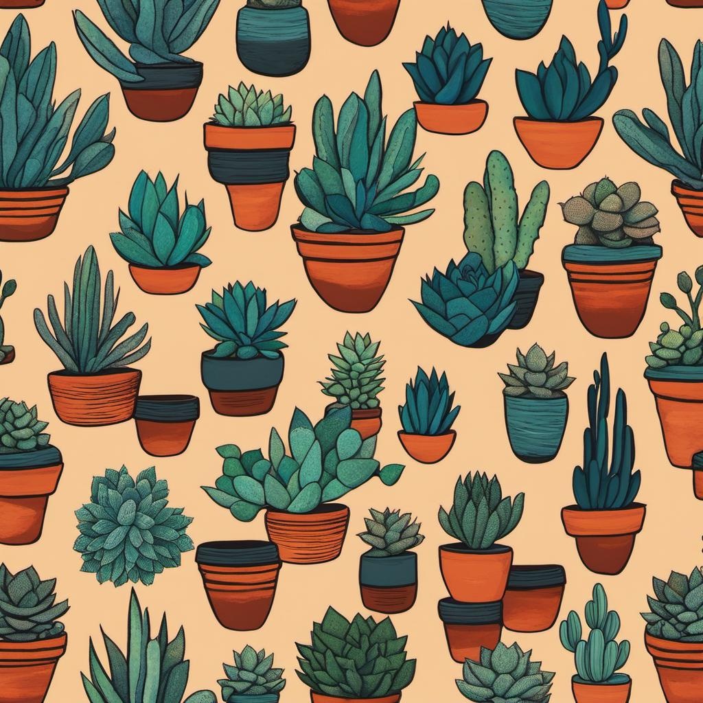 [vibrant liquid plasma] various succulents in clay pots, earthy palette organic shapes, nature-based patterns, grocery art, minimalist strokes, colorful shapes