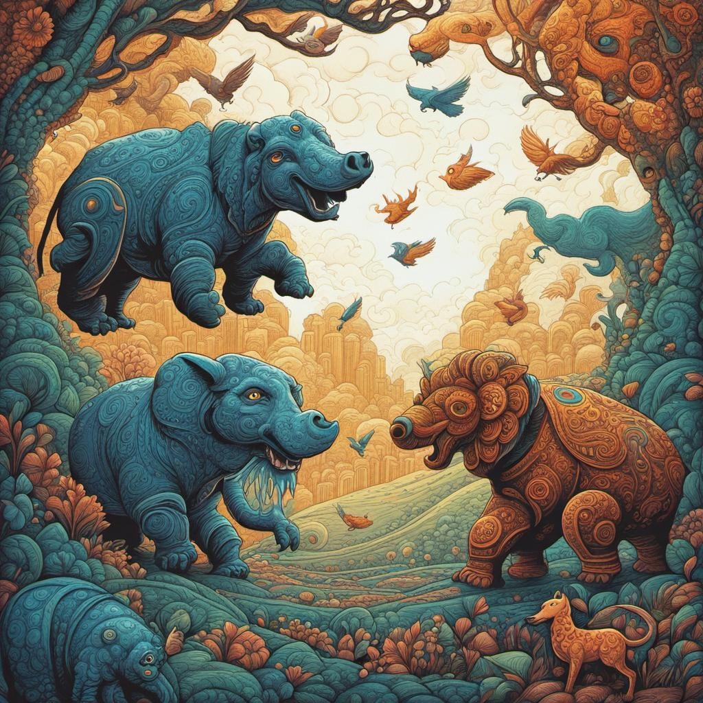 [Style of vintage illustration] Ugky animals at play oil pastel ink acrylic Mark Brooks and Dan Mumford, comic book art, perfect, smooth abstract vector fractal, Zentangle, 3d shading