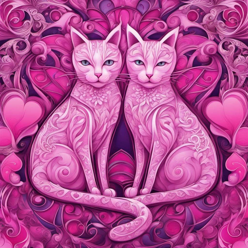 [Style of vintage illustration] Pink Hearts, cats, Imagination, sparkle, abstract vector fractal, Zentangle, 3d shading; [Painting, Art Nouveau] Pink Hearts, cats, Imagination, sparkle, abstract vector fractal, Zentangle, 3d shading