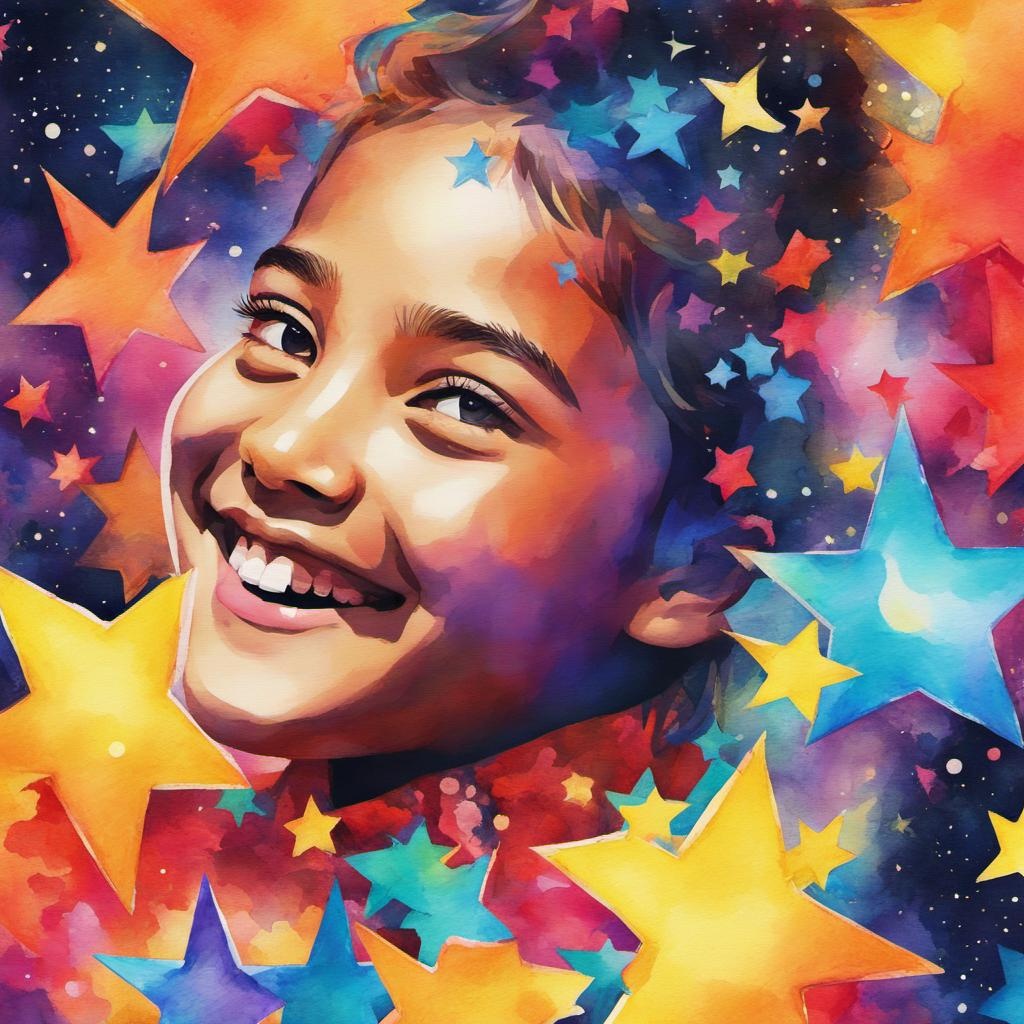 [Watercolor painting style, masterpiece] hypermaximalist extremely detailed colorful double exposure portrait collage art fantasy illustration colorful stars, angelic primary student with radiant confident smile, colorful stars, silhouette art, vibrant triadic colours