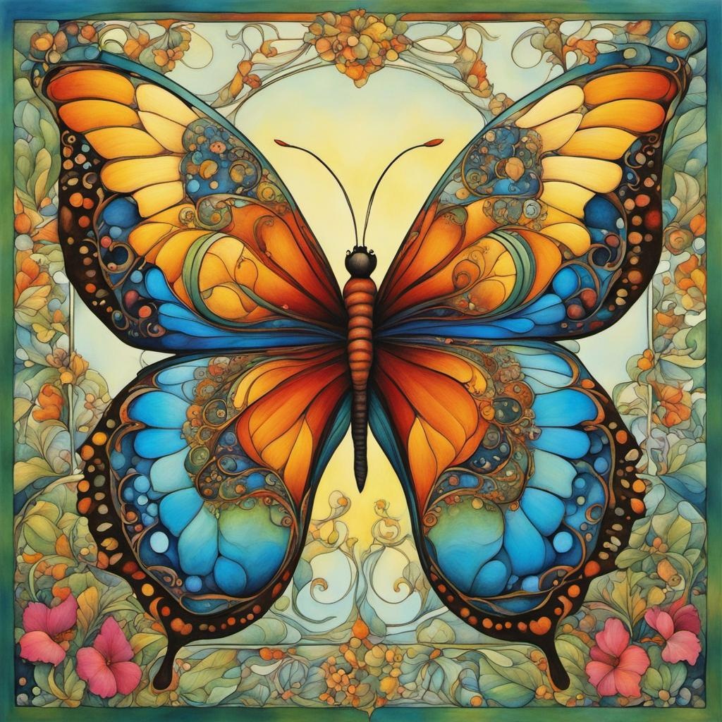 [Watercolor painting style, masterpiece] Visualize an elaborate, fairytale-like butterfly adorned with intricate designs reminiscent of Fibonacci sequences, centered on the canvas. The image is to depict the art style of an acrylic ink painting, capturing an essence of vivid colors, fluid lines, and smooth blends, garden scene in the background.; [Watercolor painting style, masterpiece] Visualize an elaborate, fairytale-like butterfly adorned with intricate designs reminiscent of Fibonacci sequences, centered on the canvas. The image is to depict the art style of an acrylic ink painting, capturing an essence of vivid colors, fluid lines, and smooth blends, garden scene in the background.; [Oil painting style, impasto, masterpiece] Visualize an elaborate, fairytale-like butterfly adorned with intricate designs reminiscent of Fibonacci sequences, centered on the canvas. The image is to depict the art style of an acrylic ink painting, capturing an essence of vivid colors, fluid lines, and smooth blends, garden scene in the background.; [Style of vintage illustration] Visualize an elaborate, fairytale-like butterfly adorned with intricate designs reminiscent of Fibonacci sequences, centered on the canvas. The image is to depict the art style of an acrylic ink painting, capturing an essence of vivid colors, fluid lines, and smooth blends, garden scene in the background.; [Style of vintage illustration] Visualize an elaborate, fairytale-like butterfly adorned with intricate designs reminiscent of Fibonacci sequences, centered on the canvas. The image is to depict the art style of an acrylic ink painting, capturing an essence of vivid colors, fluid lines, and smooth blends, garden scene in the background.; [vibrant liquid plasma] Visualize an elaborate, fairytale-like butterfly adorned with intricate designs reminiscent of Fibonacci sequences, centered on the canvas. The image is to depict the art style of an acrylic ink painting, capturing an essence of vivid colors, fluid lines, and smooth blends, garden scene in the background.; [Painting, Art Nouveau] Visualize an elaborate, fairytale-like butterfly adorned with intricate designs reminiscent of Fibonacci sequences, centered on the canvas. The image is to depict the art style of an acrylic ink painting, capturing an essence of vivid colors, fluid lines, and smooth blends, garden scene in the background.