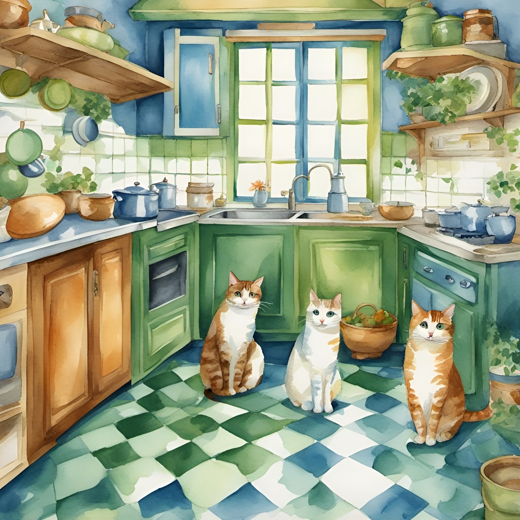 [Watercolor painting style, masterpiece] Cat retro illustration, repeating pattern, cats being naughty in the kitchen, white, green, blue palette