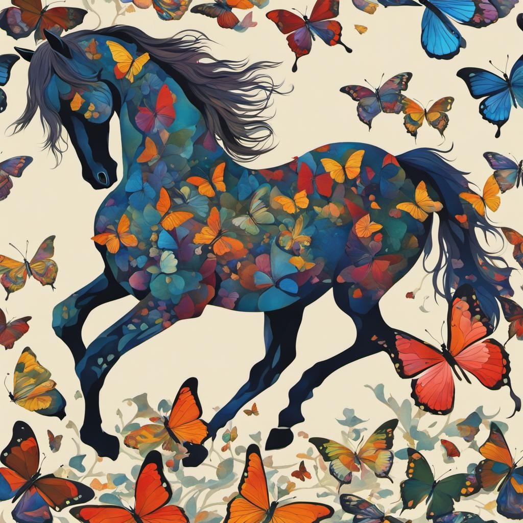 [Watercolor painting style, masterpiece] Side silhouette of a horse walking, with large butterflies, in a body made of multicolored butterflies that is almost transparent but you can see all the butterflies flowing off as the horse walks forward; [Painting, Art Nouveau] Side silhouette of a horse walking, with large butterflies, in a body made of multicolored butterflies that is almost transparent but you can see all the butterflies flowing off as the horse walks forward