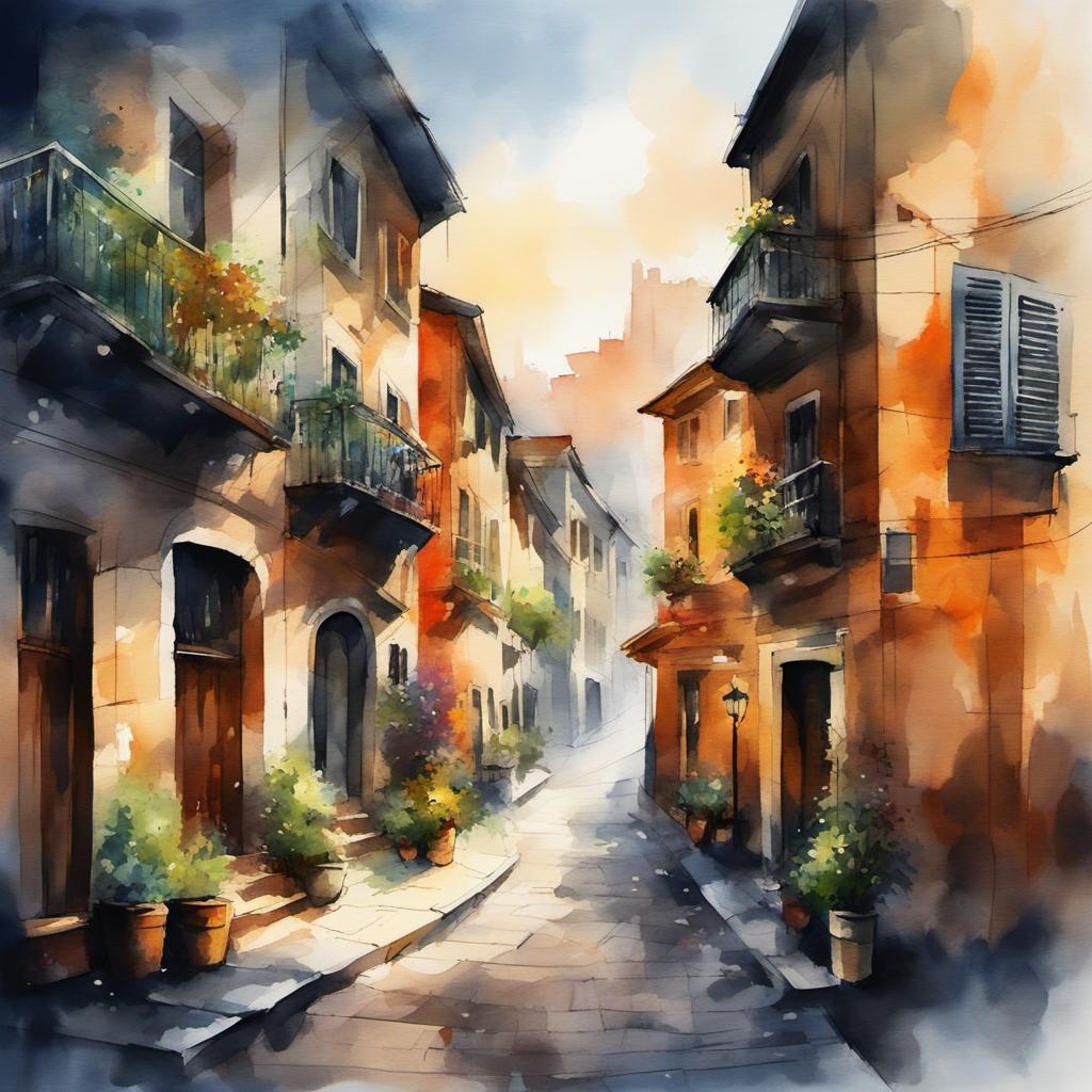 [Watercolor painting style, masterpiece] smooth seamless atmospheric cityscape, romantic graffiti, vistas, light and shadow