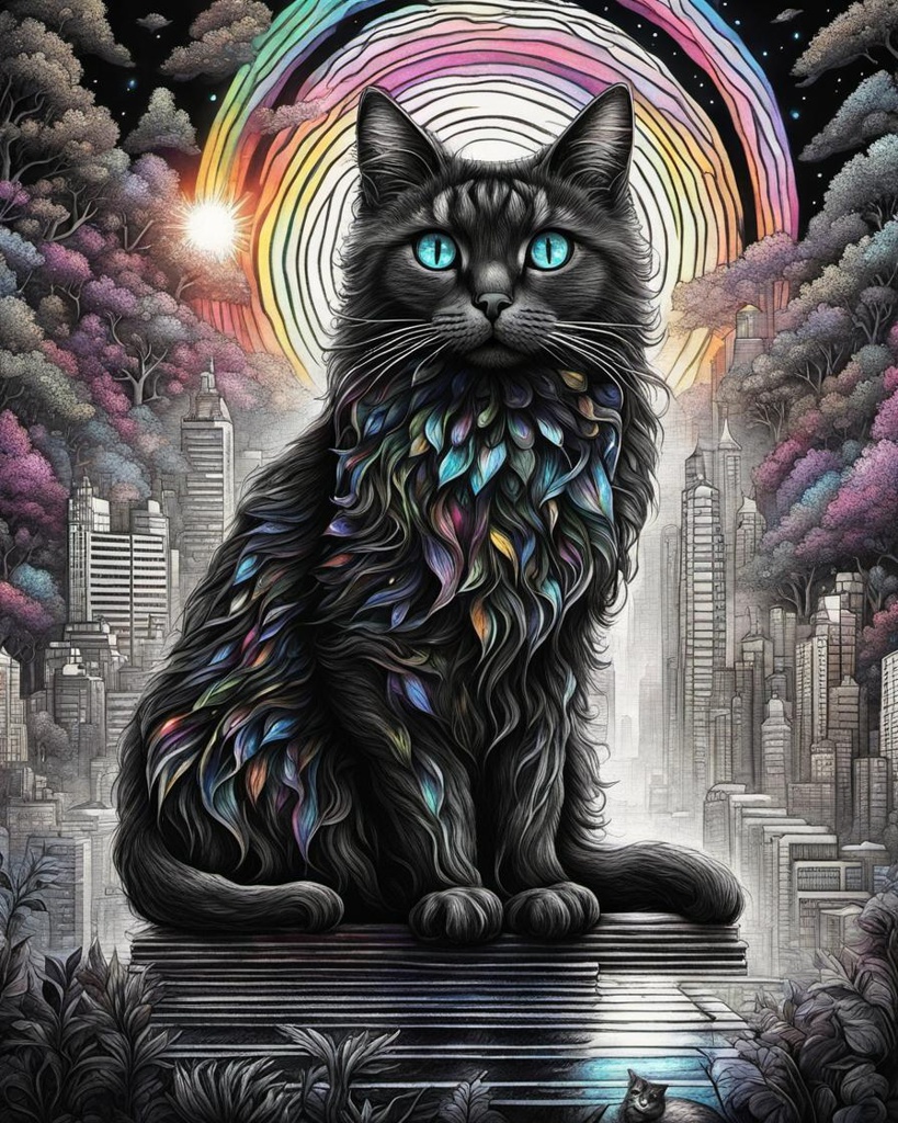 [vibrant liquid plasma] Fairy lights black white rainbow Stipple drawing Striped cat Fairy cat with wings texture intricately detailed high-resolution, ultra-detailed Utopia utopian city by the styles of Cyril Rolando, Dan Mumford, and Albert Bierstadt, Botticelli, Victo Ngai, magical and captivating background