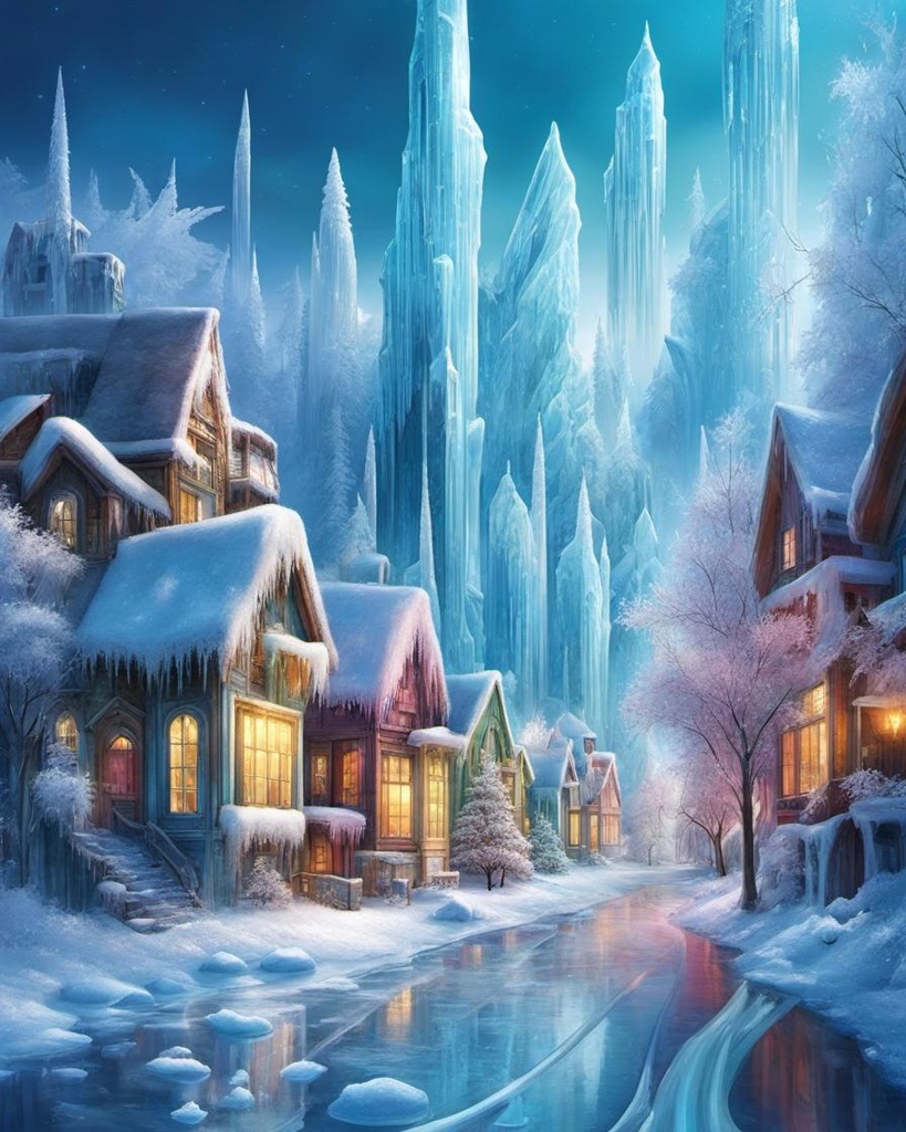 [vibrant liquid plasma] Icicle town, the buildings are made of ice and icicles, crayon, frozen, crystal cold color