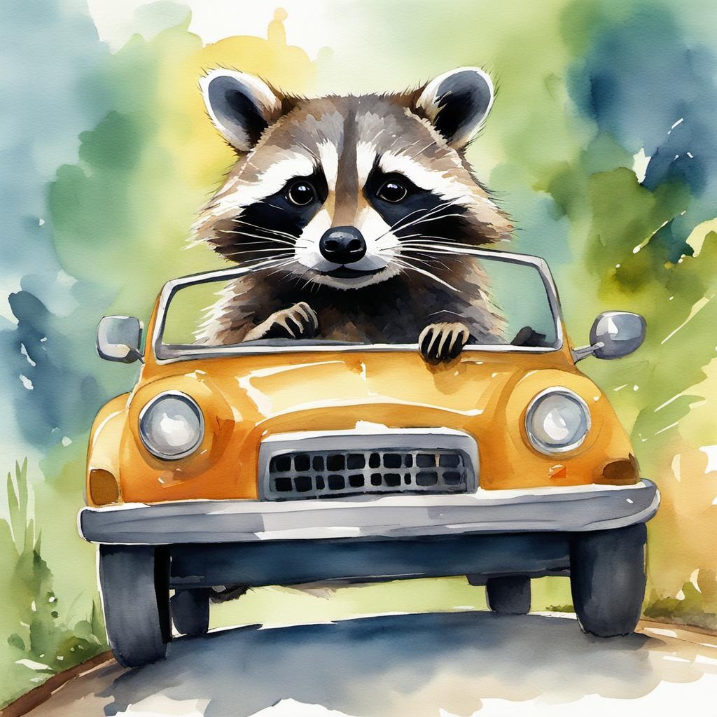 [Watercolor painting style, masterpiece] Raccoon driving a car, Anthropomorphic