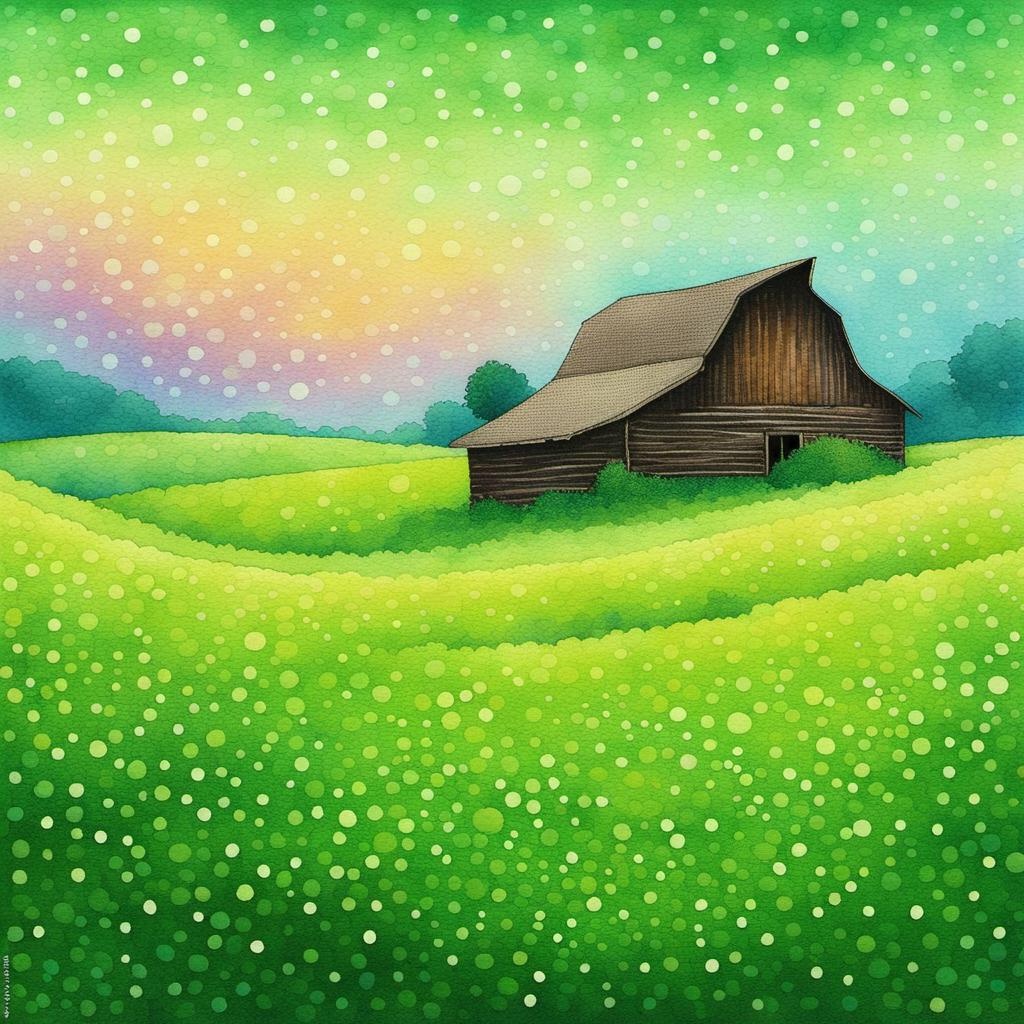 [Watercolor painting style, masterpiece] lonely barn in meadow, gradient painting, pointillist stippling, dot pointillism, serene, rounded, stencil-like imagery, magical, abstract, surreal, mocha and shades of green colors