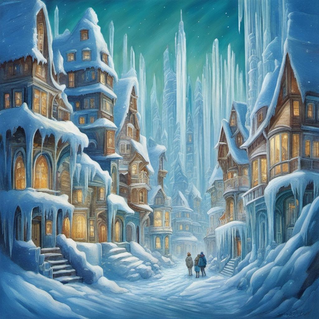 [Painting, Art Nouveau] Icicle town, the buildings are made of ice and icicles, crayon, frozen, crystal cold color