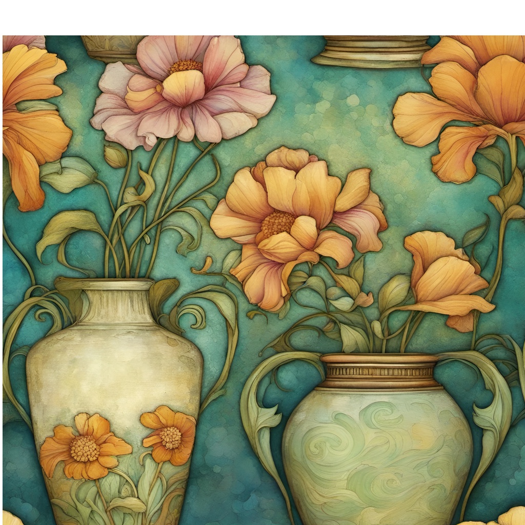 [Painting, Art Nouveau] Art Nouveau Style vintage flowers in retro Vases, flowers in a garden, grunge, pastels, stippled texture, blistered, plastered