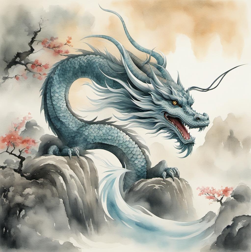 [Watercolor painting style, masterpiece] Muted pastels, a graceful, twirling dragon in traditional Japanese ink wash painting style, inspired by ancient scrolls, tranquil, Zen garden backdrop