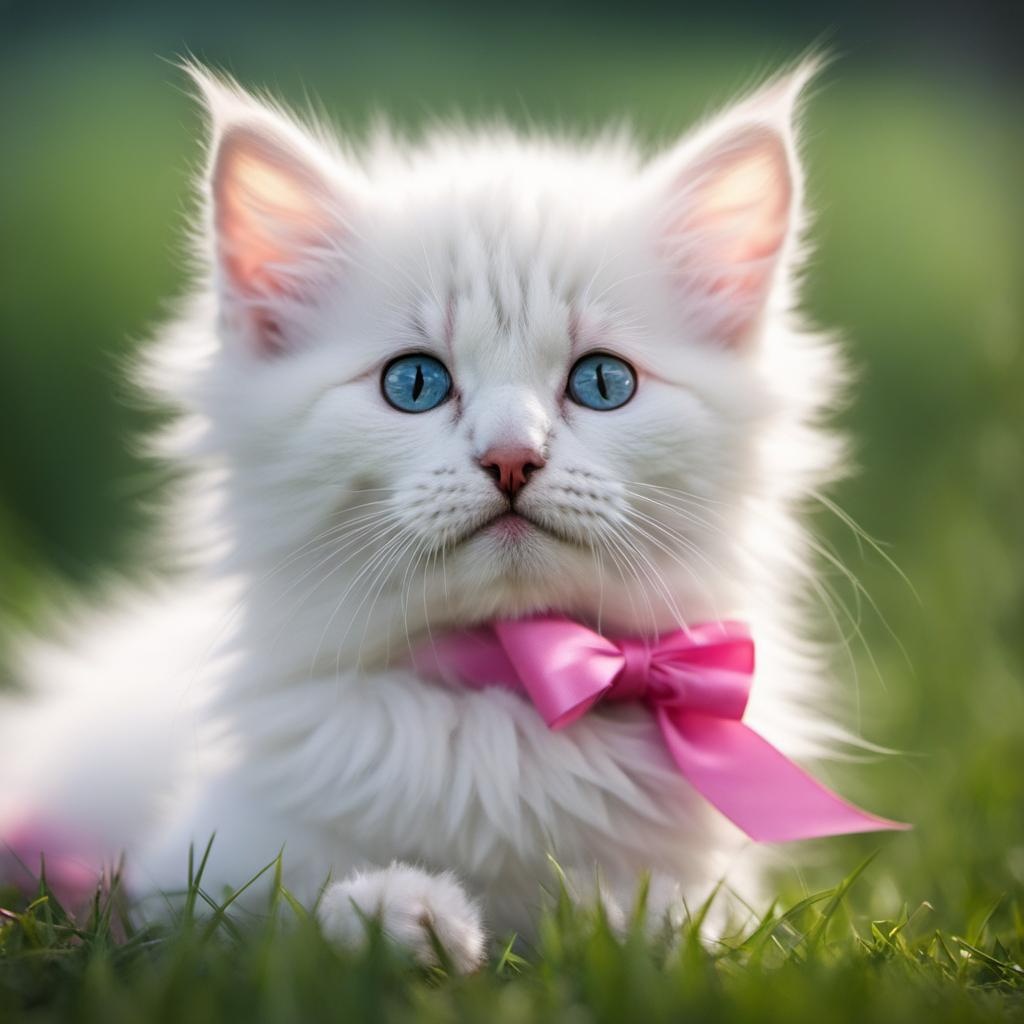 Cute white kitten, fluffy, pink ribbon around her neck, sitting in the grass