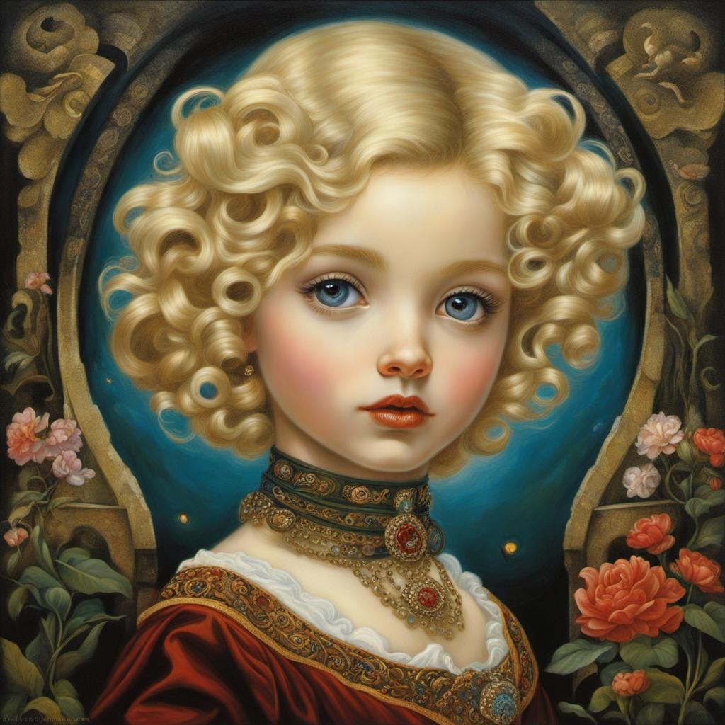 Lady with blonde hair, ringlets, enchanting, Baroque, deep colors, surreal, whimsical, intricate, Jasmine Becket Griffith, Albert Lynch, Todd Lockwood, Salvador Dali,