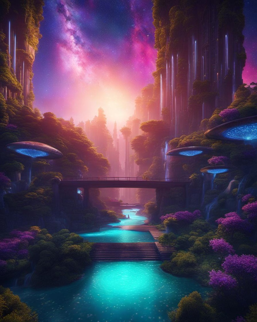 [vibrant liquid plasma] Utopian city, night sky, stars, galaxies, off planet, green, lush, beautiful, mystical, waterfalls,  detailed matte painting, deep color, fantastical, intricate detail, splash screen, complementary colors, fantasy concept art, 8k resolution trending on Artstation Unreal Engine 5 Professional photography, bokeh, natural lighting, canon lens, shot on dslr 64 megapixels sharp focus