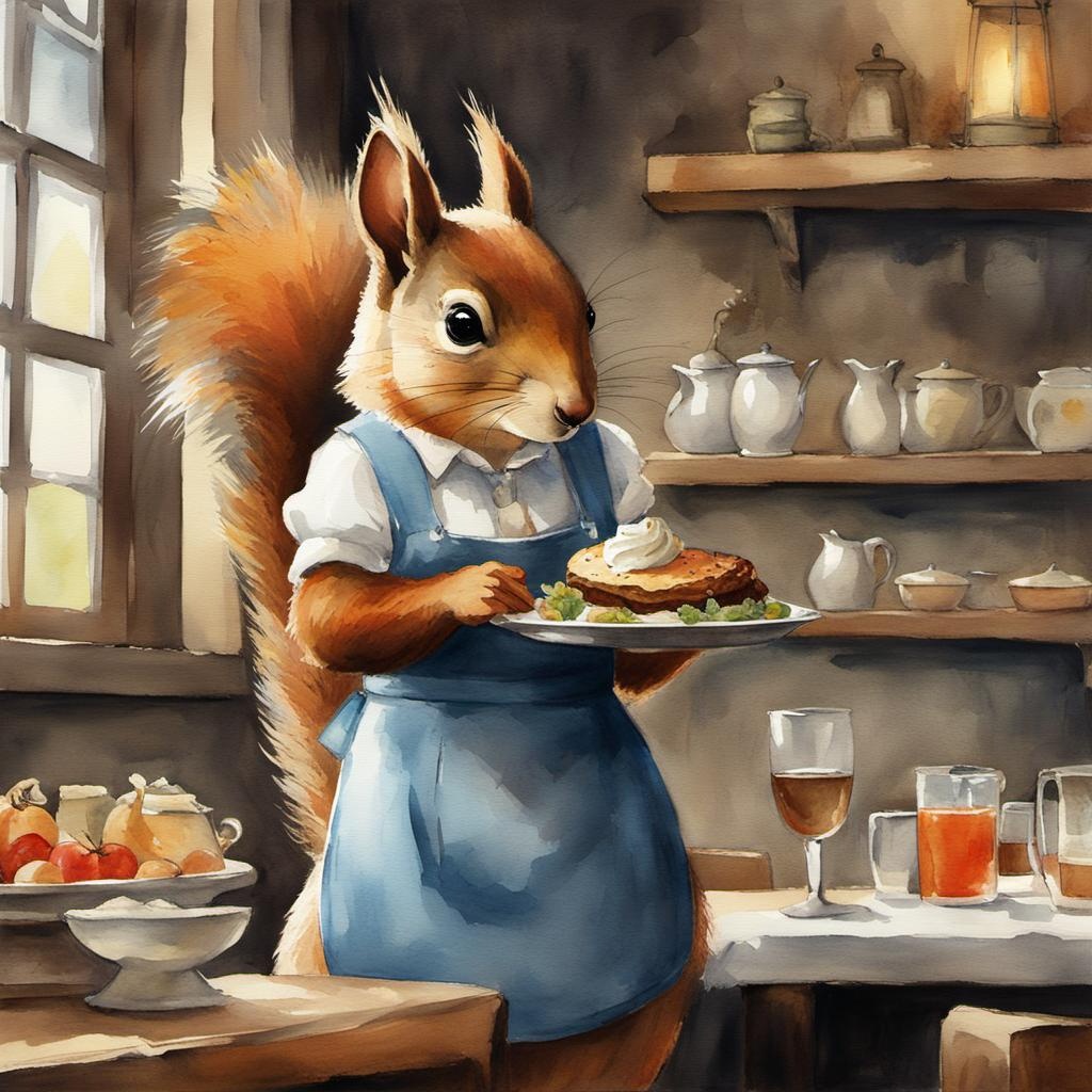 [Watercolor painting style, masterpiece] Squirrel as a waitress, Anthropomorphic