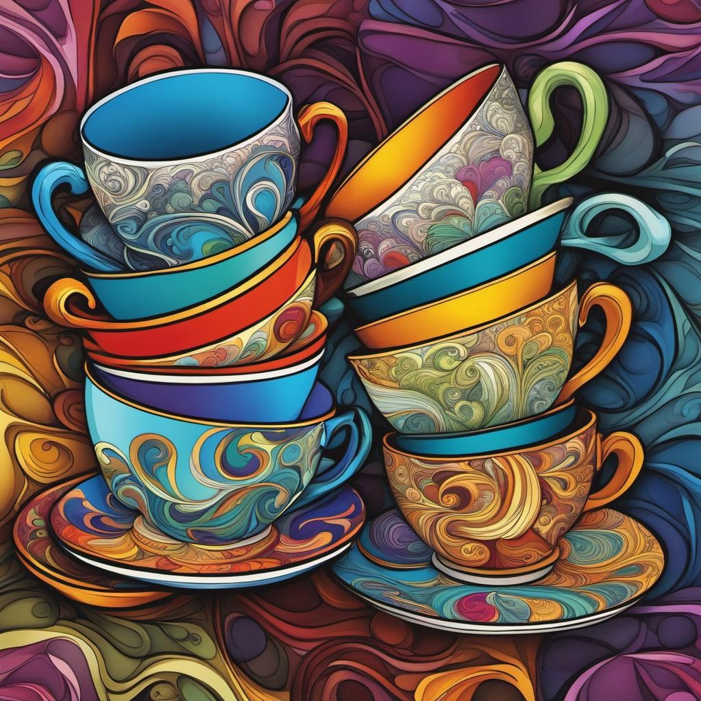 [vibrant liquid plasma] whimsical stack of colorful teacups,  abstract vector fractal, Zentangle, 3d shading; [vibrant liquid plasma] whimsical stack of colorful teacups,  abstract vector fractal, Zentangle, 3d shading; [Painting, Art Nouveau] whimsical stack of colorful teacups,  abstract vector fractal, Zentangle, 3d shading