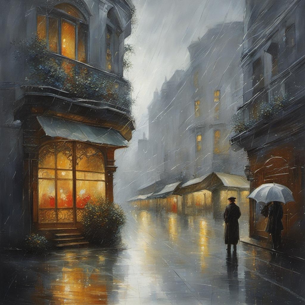 [Painting, Art Nouveau] a rainy urban day behind the window painted with light silver sprays