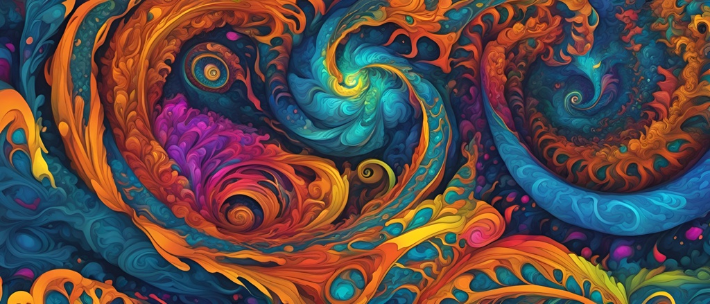 [vibrant liquid plasma] Psychedelic Serpents abstract vector fractal,  baroque, Zentangle, complementary colors