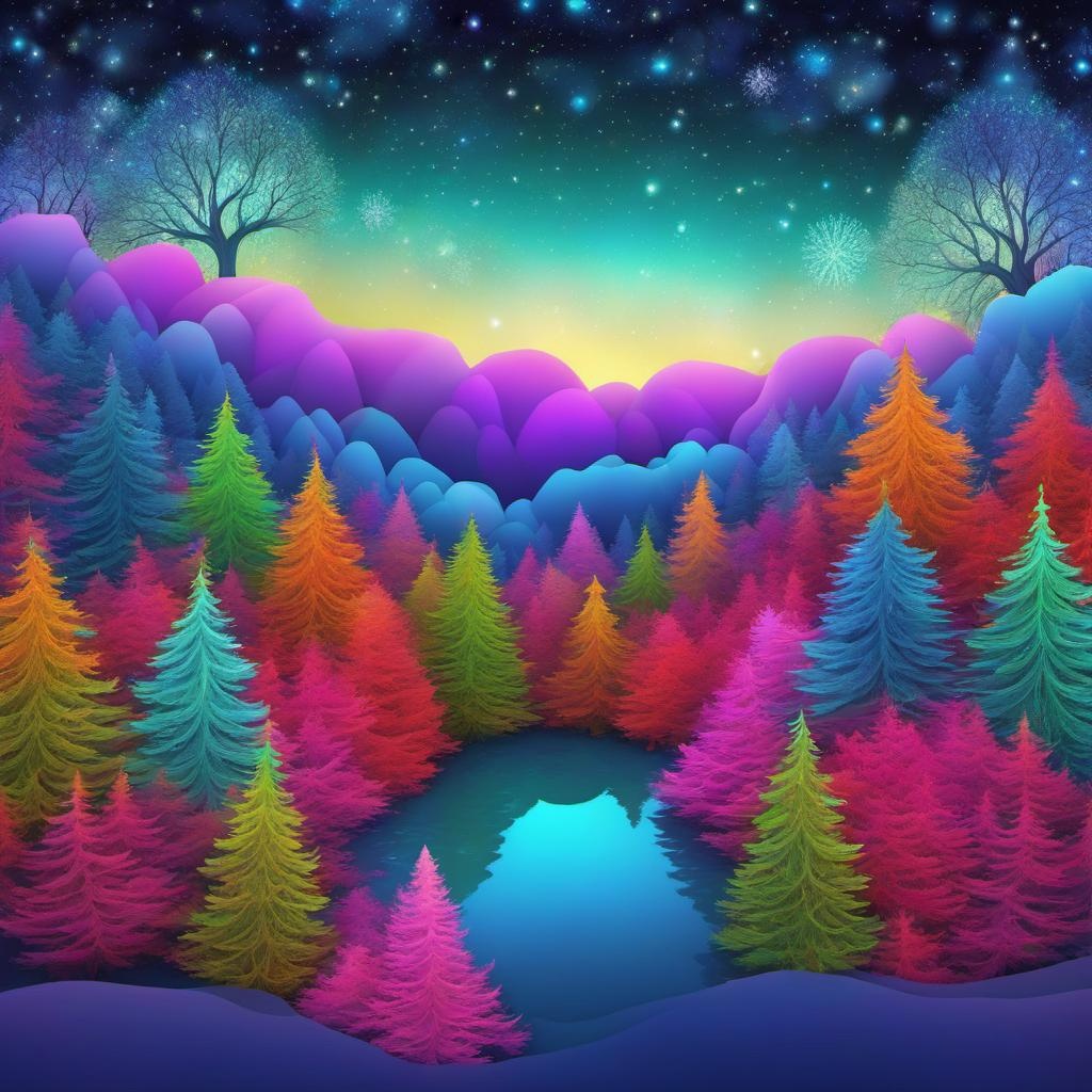 [vibrant liquid plasma] Christmas colors, Winter scene, forest, bright stars in the night sky, serene, abstract vector fractal, Zentangle, 3d shading