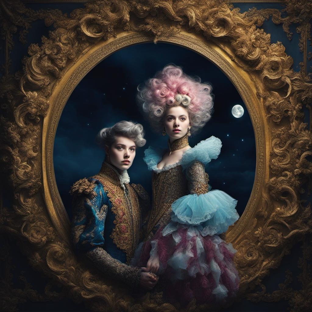 [vibrant liquid plasma] people wearing elaborate baroque costumes, weird hair, moonlight scene,