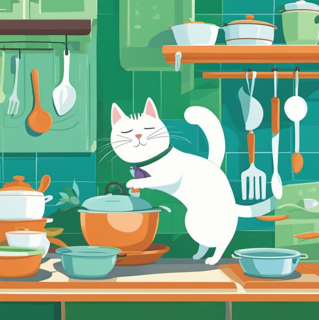 [Style of vintage illustration] Cat illustration, minimalist design, cats being naughty in the kitchen, white, green, blue palette; [vibrant liquid plasma] Cat illustration, minimalist design, cats being naughty in the kitchen, white, green, blue palette; [Painting, Art Nouveau] Cat illustration, minimalist design, cats being naughty in the kitchen, white, green, blue palette; [Pixar style, Disney] Cat illustration, minimalist design, cats being naughty in the kitchen, white, green, blue palette