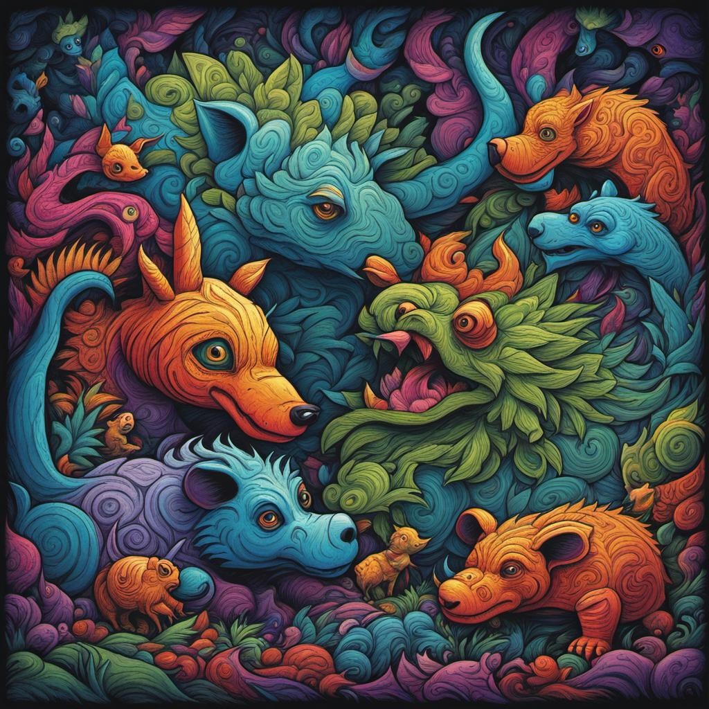 Ugky animals at play oil pastel ink acrylic Mark Brooks and Dan Mumford, comic book art, perfect, smooth abstract vector fractal, Zentangle, 3d shading