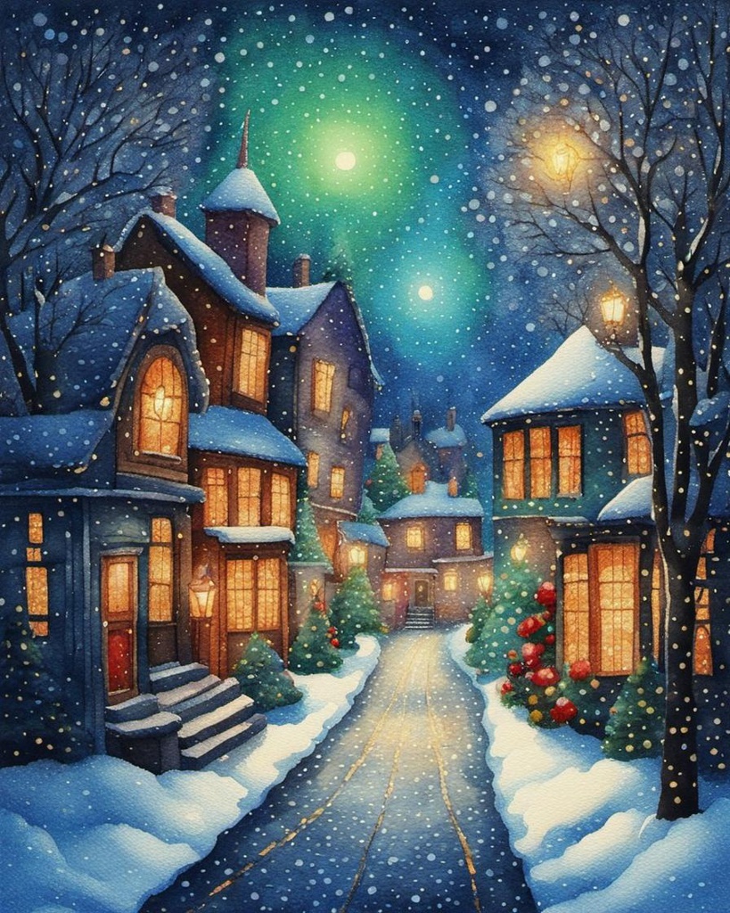 [Watercolor painting style, masterpiece] christmas town scene, colorful bioluminescent pointillist stippling, dot pointilism