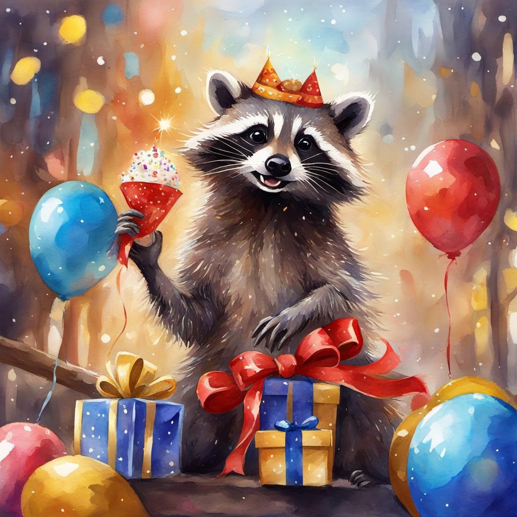 [Watercolor painting style, masterpiece] female Raccoon celebrating New Years Eve AND her birthday