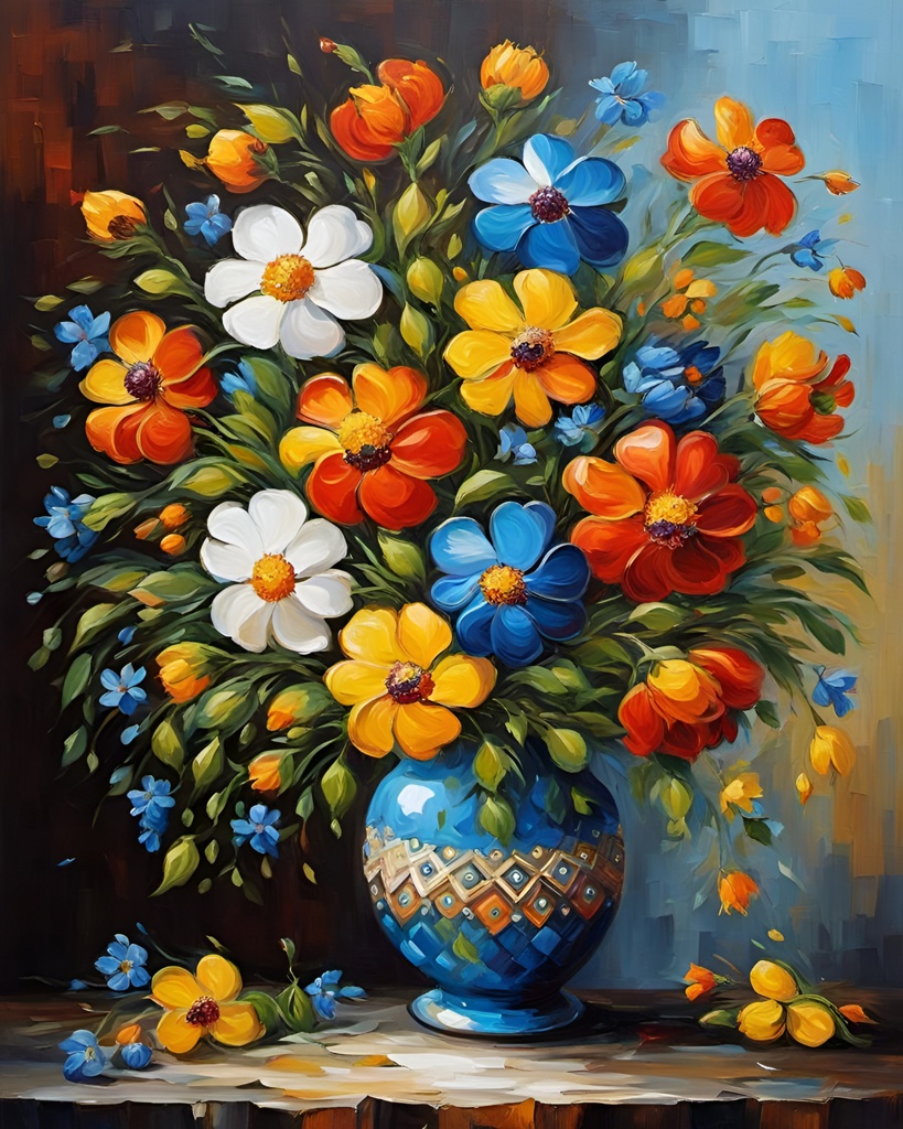 [Oil painting style, impasto, masterpiece] Petrykivka Art, Traditional Ukrainian, Floral Art painting on a vase