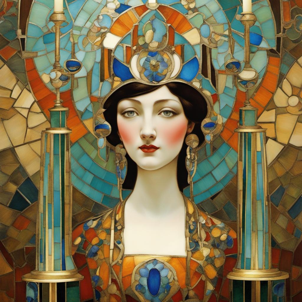 [Painting, Art Nouveau] Crazy Candelabras, Art Nouveau, 1890 Cloisonne, Porcelain and Mosaic, retro woman's face abstract