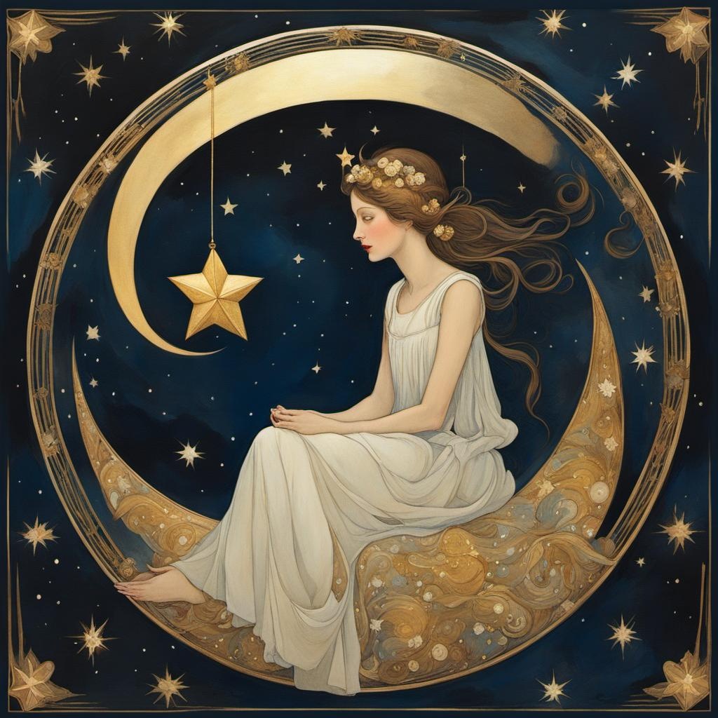 [Painting, Art Nouveau] woman sitting on the moon, holding a Christmas Star, with a golden halo around her head. The piece is inspired by various artists including Mucha, Catrin Welz-Stein, Lois van Baarle, Bouguereau