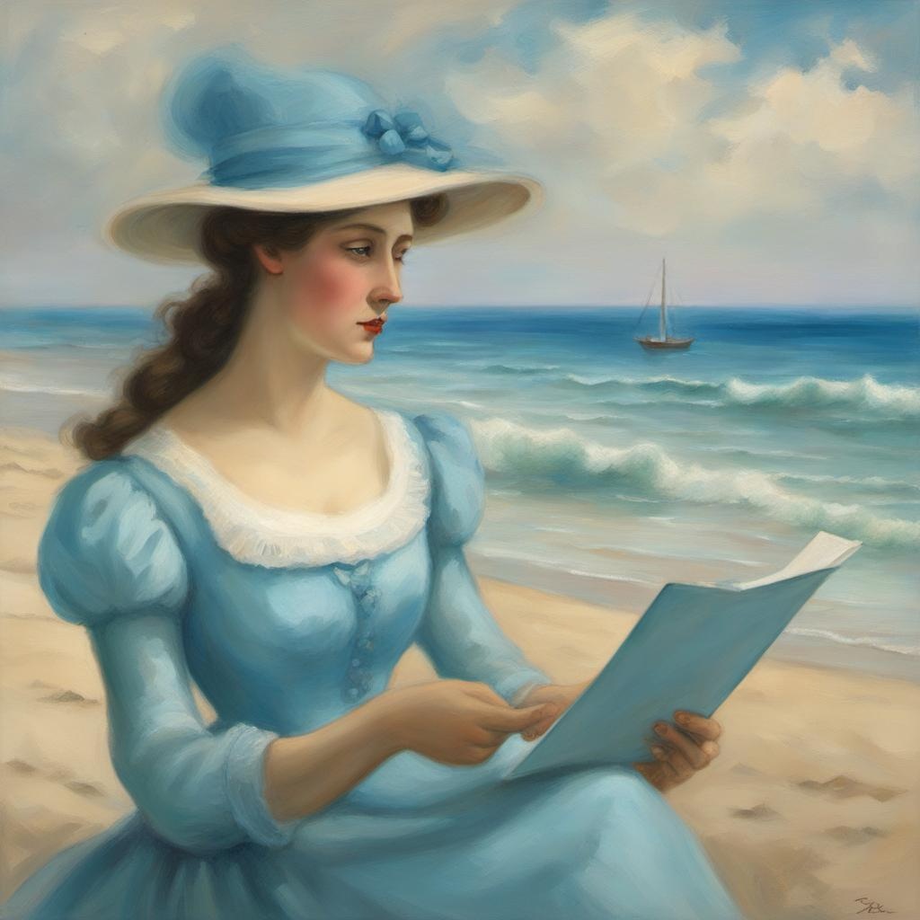 [Painting, Art Nouveau] turn of century woman is holding a letter on a beach, blue ocean, pastel colors,; [Painting, classical] turn of century woman is holding a letter on a beach, blue ocean, pastel colors,