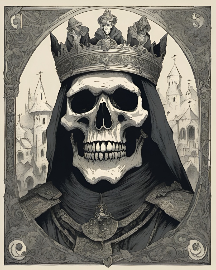 [Style of vintage illustration] King, skeleton face, medieval period, gris grimly,