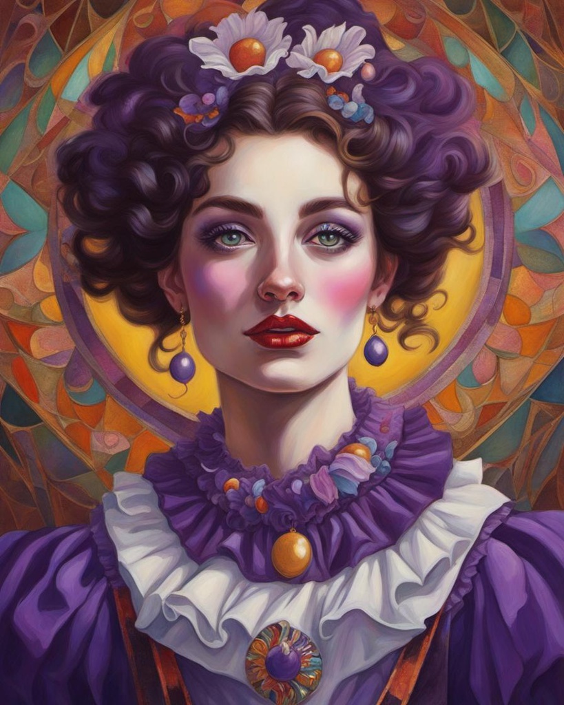 [Painting, Art Nouveau] beautiful woman, detailed bright eyes, ethereal, clown, regal, bright pops of purple, ruffled collar, serene expression, harlequin, magical, fashion, Hyperrealistic, splash art, concept art, mid shot, intricately detailed, color depth, dramatic, 2/3 face angle, side light, colorful background