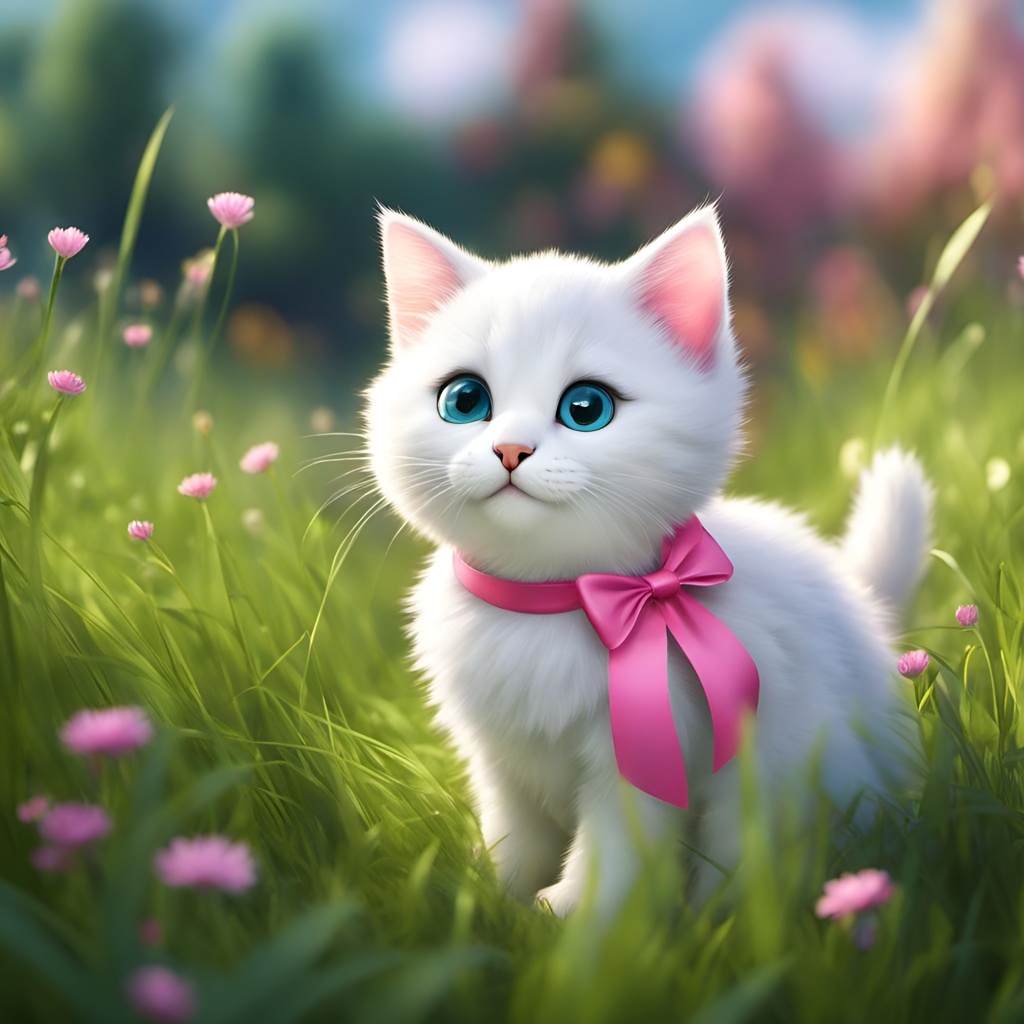 [Pixar style, Disney] Cute white kitten, fluffy, pink ribbon around her neck, sitting in the grass