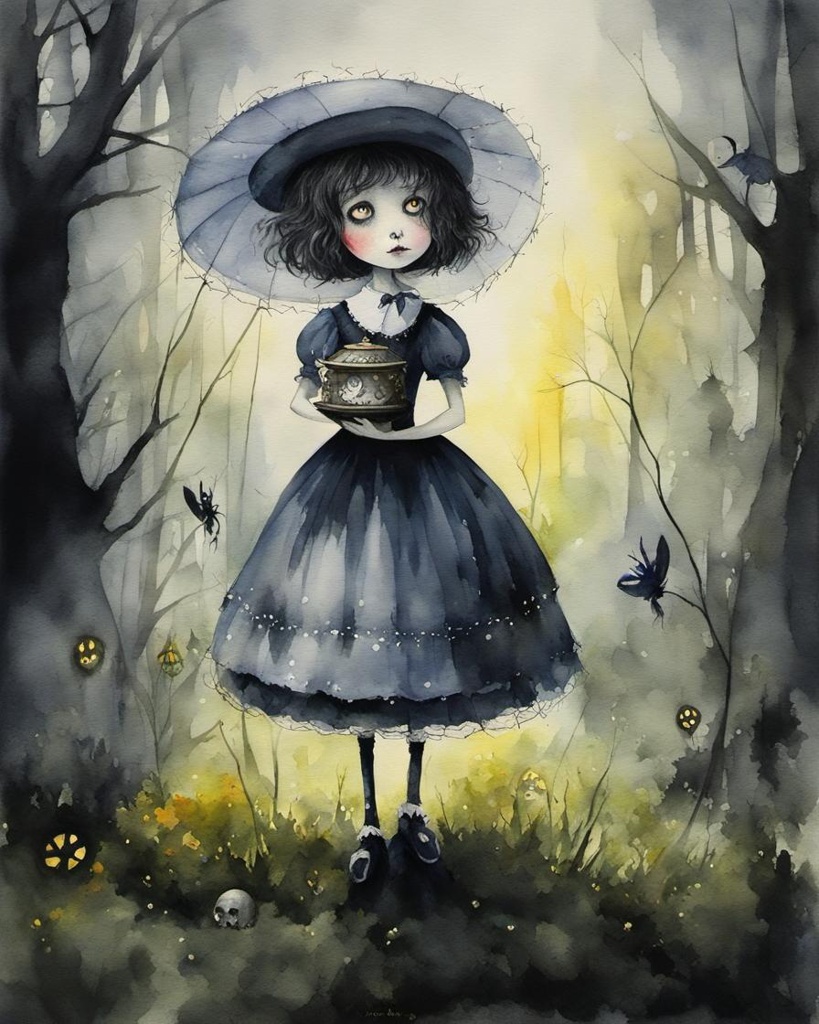 [Watercolor painting style, masterpiece] Evil, Little Miss Muffet, dark fairytale, Tim Burton