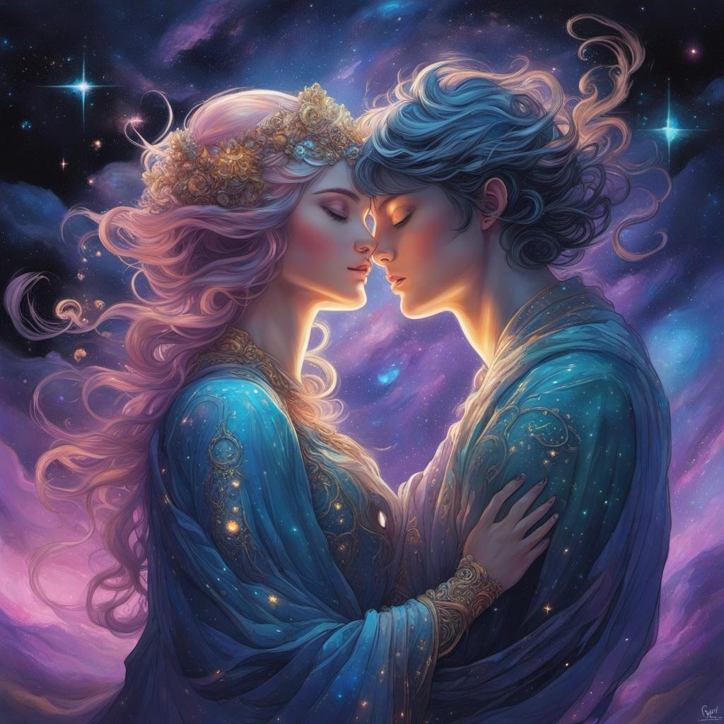 [Watercolor painting style, masterpiece] Zodiac "Lovers embrace" Perfectly_detailed_hands, in Cosmos surrounded by Iridescent_Stars with a bioluminescent glow in a magical ethereal Cosmos, By Dan Mumford, Jasmine Becket Griffith :: Perfect_Proportions, perfectly_detailed_hands, Perfectly_Detailed_eyes, Purple, Blues, Pinks, and gold complementary colors, Cosmic bioluminescent glow enchanted and magical ethereal clouds with glowing stars, constellations, soft lighting, sharp focus, by Marc Simonetti & Yoji Shinkawa & WLOP, paint drops, rough edges, trending on artstation, studio photo, intricate details, highly detailed, shiny aura,; [vibrant liquid plasma] Zodiac "Lovers embrace" Perfectly_detailed_hands, in Cosmos surrounded by Iridescent_Stars with a bioluminescent glow in a magical ethereal Cosmos, By Dan Mumford, Jasmine Becket Griffith :: Perfect_Proportions, perfectly_detailed_hands, Perfectly_Detailed_eyes, Purple, Blues, Pinks, and gold complementary colors, Cosmic bioluminescent glow enchanted and magical ethereal clouds with glowing stars, constellations, soft lighting, sharp focus, by Marc Simonetti & Yoji Shinkawa & WLOP, paint drops, rough edges, trending on artstation, studio photo, intricate details, highly detailed, shiny aura,